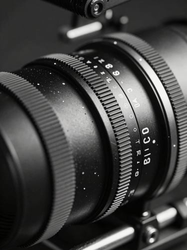 Extreme macro detail of a matte box and cinema lens rigging, pure black and white, sharp geometric lines, deep chiaroscuro lighting.