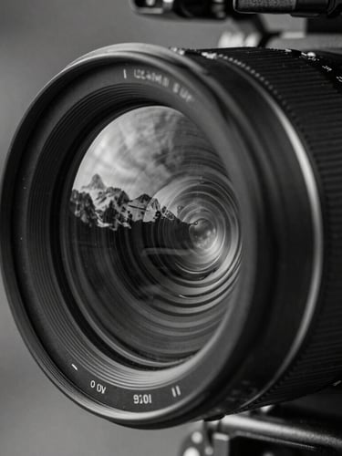 Extreme close-up of a high-end cinema camera lens with sharp reflections of a remote mountain landscape, dramatic chiaroscuro, black and white