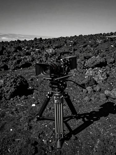 Ultra-wide cinematic shot of a camera rig positioned on a high-contrast black volcanic rock beach under dramatic natural light, deep shadows, monochrome.