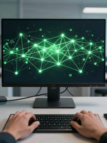 Extreme wide panoramic view of a dark digital network diagram rendered on a large monitor, glowing node connections in neon green on a near-black background, hands resting on a keyboard in tight foreground, screen-lit clinical environment, no ambient light, shot from directly in front