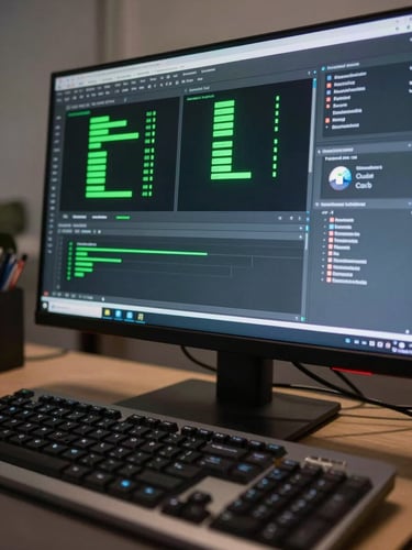Wide-angle shot of a dark monitor displaying an AI tool interface, keyboard in tight foreground focus, neon green status indicators visible on screen, clinical screen-lit environment, no ambient light, shot from slightly above and to the left
