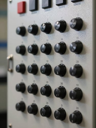 Macro shot of a modern physical control panel with precise dials and switches, clean neutral studio lighting