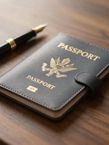 A close-up editorial shot of a leather passport holder and a fountain pen on a walnut table, soft golden hour light, shallow depth of field, 35mm