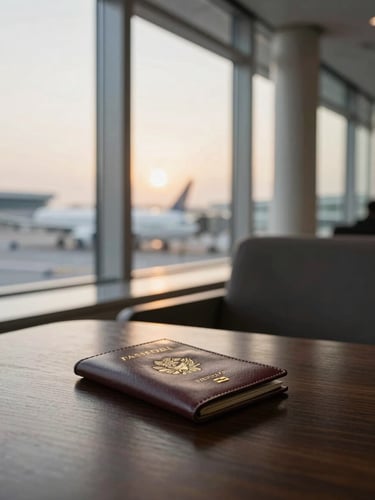 A quiet, elegant airport lounge corner, soft golden hour light filtering through tall windows, a leather passport holder resting on a dark wood table, 35mm editorial travel photography