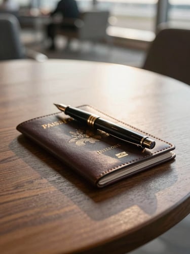 Close-up of a premium leather passport holder and vintage fountain pen resting on a polished wooden table in a quiet airport lounge, soft golden hour light, 35mm