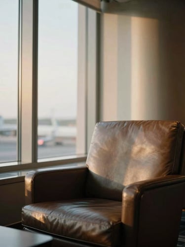 An elegant airport lounge corner with a leather armchair, soft golden hour light streaming through tall windows, muted sophisticated tones, 35mm photography.