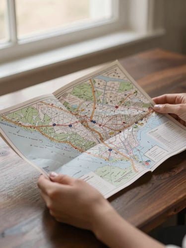 Hands holding an elegant printed itinerary map over a dark walnut desk, soft natural window light, shallow depth of field.