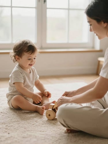 A therapist sitting at eye level on a soft sand-colored rug, gently rolling a wooden toy toward a smiling toddler, warm window light, 35mm.