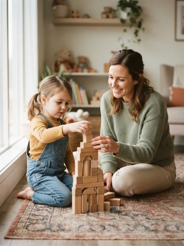 A therapist interacting warmly at eye level with a child building with wooden blocks, soft natural window light, gentle desaturated sage and warm sand tones, shallow depth of field, 35mm