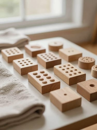 A close-up of tactile wooden therapy blocks and textured fabrics on a low table, soft diffused daylight, warm editorial style