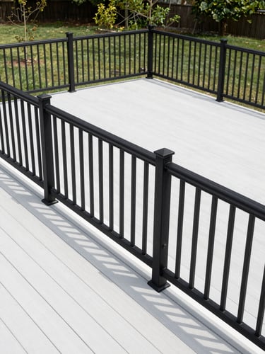 Sharp architectural photography of an overhead shot of a custom-built composite deck with clean black railing in a Northern Virginia backyard, bright natural daylight, clean high-contrast tones, 35mm