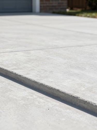 Low-angle architectural shot of a freshly poured, perfectly finished concrete driveway with crisp clean edges under bright natural daylight.
