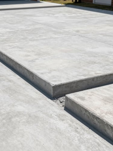 Low-angle architectural shot of a newly poured concrete driveway with crisp clean edges and perfect subgrade compaction under bright daylight