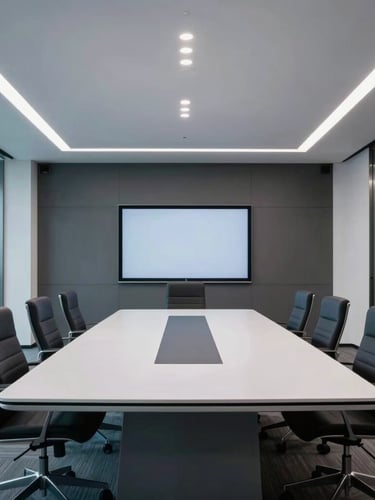 Sleek corporate office meeting room, architectural depth, cool crisp studio lighting with subtle purple and teal ambient accents, professional environment.