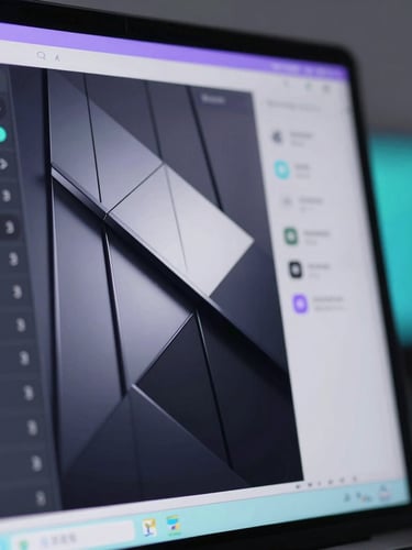 Close-up of modern technology interface on screen, sharp focus, cool crisp studio lighting with subtle purple and teal accents.