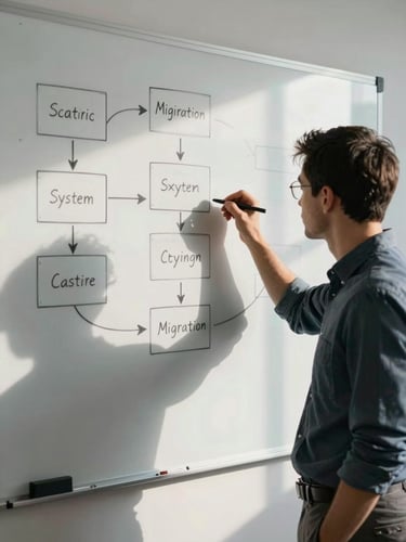 Tight editorial shot of a technical leader sketching a system migration flow on a physical whiteboard, high-contrast natural light, deep shadows, clean workspace.