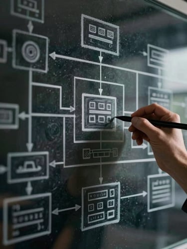 Macro detail of a complex system architecture diagram hand-drawn on a glass wall, sharp focus, moody high-contrast lighting, dark background
