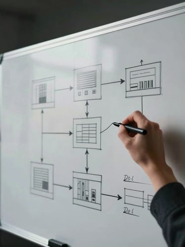 Tight editorial shot of hands sketching complex system architecture diagrams on a physical whiteboard, high-contrast moody lighting, dark background.