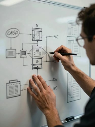 High-contrast editorial photo of Jason sketching system architecture on a physical whiteboard, moody natural lighting, tight focus on hands and structural diagrams, terminal-adjacent aesthetic.