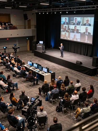 Overhead wide-angle view of a large purpose-built conference venue during a live hybrid event — multiple camera positions visible from above, stage with presenter mid-speech, a rear production desk with monitors, rows of in-person delegates, large format screens showing remote speaker feeds, visible technical infrastructure throughout the space, no candid smiling audience shots