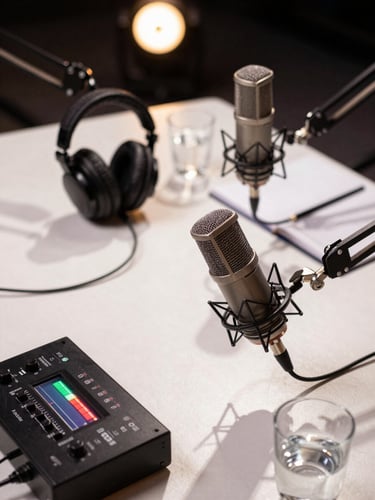 Close-up overhead shot of a podcast recording desk during a live event — two large-diaphragm microphones on adjustable arms, headphone monitoring unit, audio interface with visible level meters active, notebook and water glass in frame, warm studio strobes casting sharp shadows across the equipment surface, no people in frame