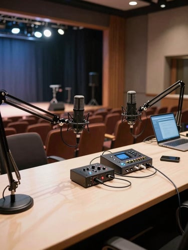 Wide environmental shot of a podcast recording station set up inside a conference venue — two condenser microphones on boom arms over a production desk, audio interface and laptop monitor visible, stage lighting in background mid-event, no attendees in frame, clean technical framing from a slight high angle showing cable routing and equipment layout