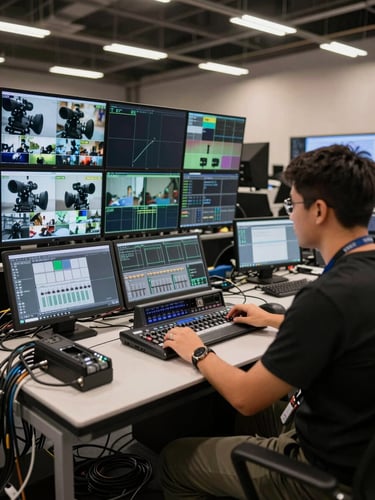 Wide environmental shot of a hybrid event technical setup — a production engineer at a multi-monitor control desk reviewing broadcast signal feeds, camera preview thumbnails on screens, hardware switcher and audio rack visible, natural overhead venue lighting, cables neatly routed across the floor to the side, no people posing