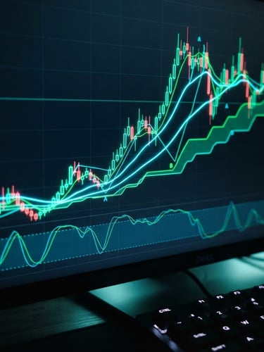 Macro close-up of a high-contrast TradingView chart on a dark monitor, glowing cyan and electric green indicator lines defining clear market structure, moody ambient workspace lighting