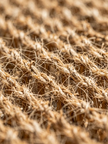 Macro shot of tightly woven raw golden jute fibers, side-lit by natural sunlight, highlighting the rich three-dimensional texture and organic golden-brown tones.