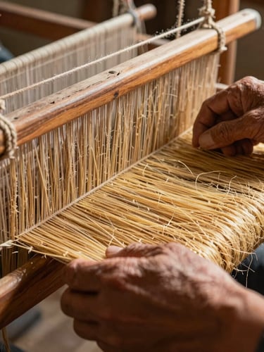 Extreme close-up of weathered hands operating a traditional wooden loom, side-lit by natural sunlight, highlighting the rough texture of golden jute fibers