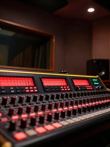 Low-angle cinematic shot of a dark recording booth, glowing red audio levels on a soundboard in the foreground, gold rim lighting, moody atmosphere