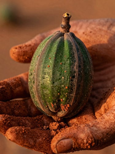 Extreme macro close-up of a raw baobab seed pod being held by hands covered in dry red earth, warm golden-hour light, rich tactile textures, shallow depth of field.