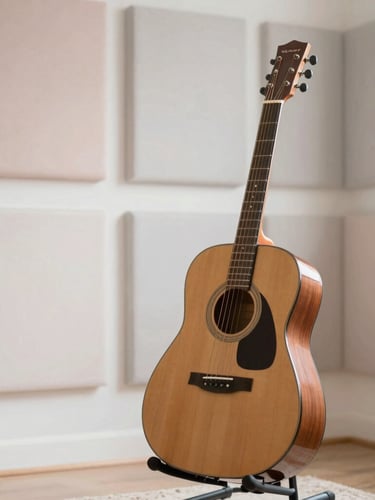 A cozy, sensory-friendly music room with soft-focus acoustic panels, a guitar resting on a stand, bathed in diffused morning light