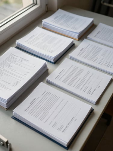 Overhead shot of neatly organized construction quality documents and tabbed folders on a plain work surface, natural window light from the side, no people