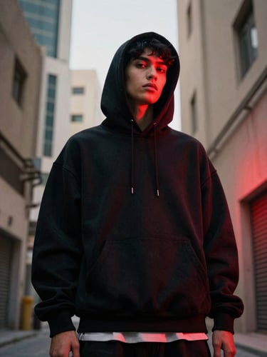 Low-angle heroic shot of a model in an oversized black hoodie, dramatic red neon rim lighting, industrial Doha alley background, 35mm film grain.