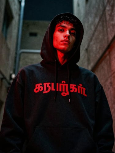 Low-angle heroic shot of a model wearing a black heavyweight hoodie with bold crimson Tamil typography, standing in a dark concrete alleyway in Doha, dramatic red neon rim light, 35mm film grain.