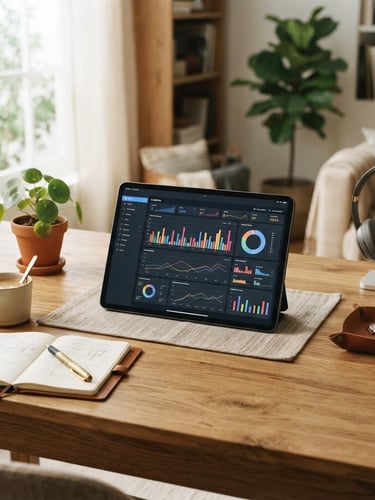 Warm editorial photography of a beautifully organized wooden desk, a sleek modern tablet displaying an analytics interface, soft natural window light, 35mm