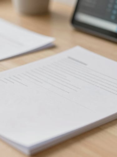 A close-up of neat paperwork and a modern software interface on a clean wooden desk, soft warm morning light, shallow depth of field, 35mm