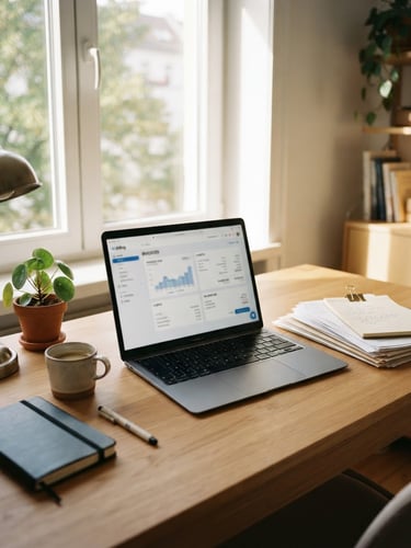 A clean, organized modern office desk with a neat stack of paperwork, a sleek laptop screen showing billing software, warm natural sunlight streaming from a window, 35mm photography.