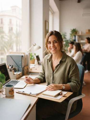 A warm editorial portrait of an organized administrative specialist in a bright, sunlit Valencia office, soft natural light, muted slate and sand tones, 35mm