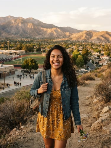 A local high school senior smiling outdoors in Banning, warm golden-hour light, mountain backdrop, authentic community focus