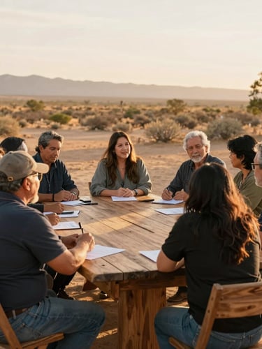 Warm environmental portrait of community leaders sitting around a rustic wooden table in Banning during a planning meeting, soft natural golden-hour daylight
