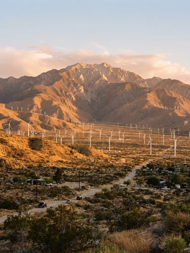Wide environmental landscape of the San Gorgonio mountain range at golden hour, wind turbines in the valley floor, warm earthy tones, medium format photography