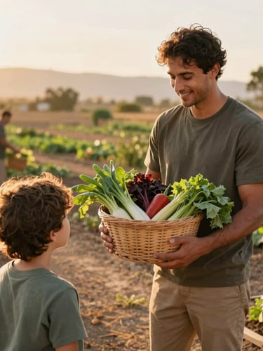 A warm environmental portrait of a local community garden volunteer showing a basket of freshly harvested vegetables to a child, soft golden-hour light
