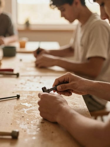 A close-up of hands-on vocational training, a student working with tools in a bright workshop, warm natural light
