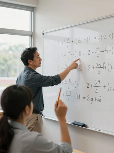 Medium shot of a teacher at a whiteboard covered in algebraic equations, pointing to a specific step in a worked solution, a student in the foreground with pencil raised, overcast daylight through classroom windows, functional mathematics classroom setting