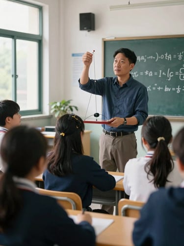 Medium shot of a physics teacher holding a pendulum apparatus in front of a class, students watching attentively as the teacher explains oscillation, functional secondary-school classroom, daylight from windows to the left, equations partially visible on the board behind