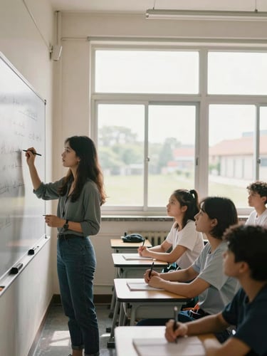 Medium environmental shot from left side of classroom, a young woman teacher writing a lesson objective on a whiteboard, students visible mid-frame looking attentively toward the board, natural north-light flooding through tall windows, chalk dust faintly visible, documentary framing