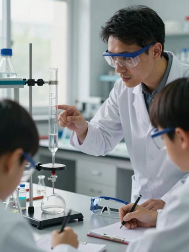 Close-up medium shot of a chemistry teacher demonstrating a titration procedure to two students at a lab bench, teacher pointing to the meniscus level, students taking notes, overcast north-light from lab windows, glass apparatus and safety goggles visible on the bench