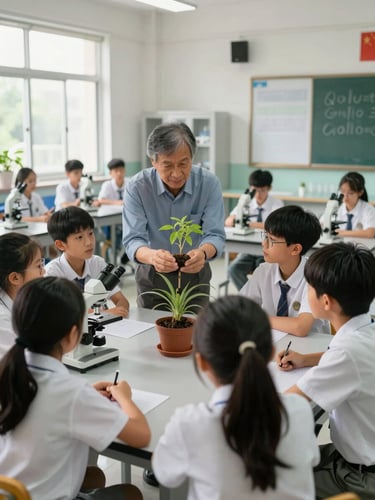 Environmental shot of a biology classroom session, teacher holding a plant specimen and explaining to students gathered around a central table, natural daylight from side windows, microscopes visible in the background, active classroom atmosphere
